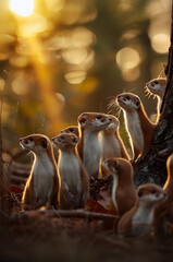 Weasel family in the forest with setting sun shining. Group of wild animals in nature.