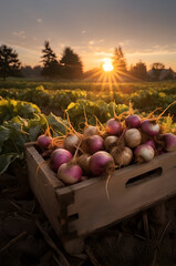 Turnips harvested in a wooden box with field and sunset in the background. Natural organic fruit abundance. Agriculture, healthy and natural food concept. Vertical composition.