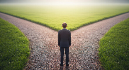 Businessman stands at crossroads, two gravel paths diverging into green fields, symbolizing a decision, choice, or future direction