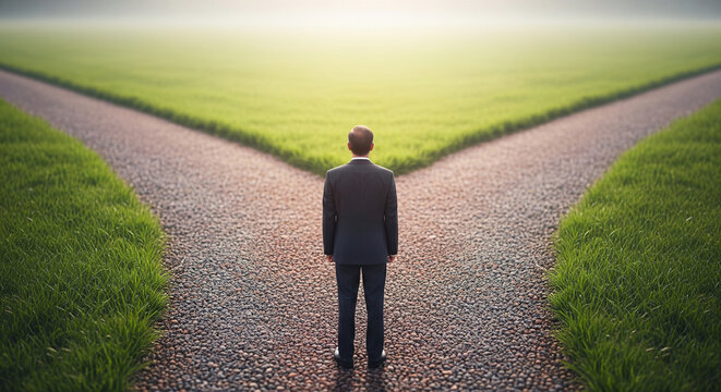 Businessman stands at crossroads, two gravel paths diverging into green fields, symbolizing a decision, choice, or future direction