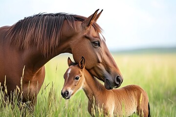 Fototapeta premium Extreme Close-Up of Brown Horse Touching Noses with Baby Foal on Grassy Plains from Behind