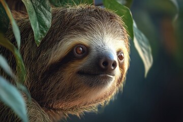 Fototapeta premium Sloth leisurely hanging from a tree branch amidst lush green leaves in its natural habitat