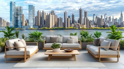 Modern outdoor patio set with city view