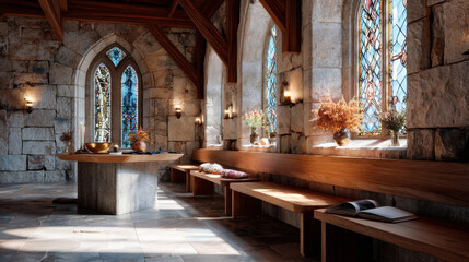 Bright medieval chapel interior with stone walls, stained glass and wooden seating