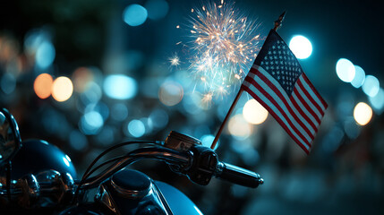 American flag on a motorcycle's antenna, with fireworks glowing in the distance.