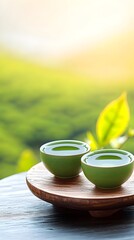 Green tea ceremony, mountain view, sunrise, tranquility, relaxation