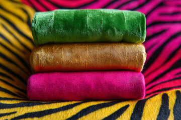 Stacked velvet fabrics in green, gold and pink on zebra print background