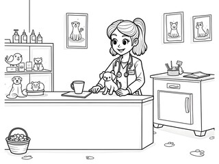 Veterinarian woman dog clinic line art illustration friendly