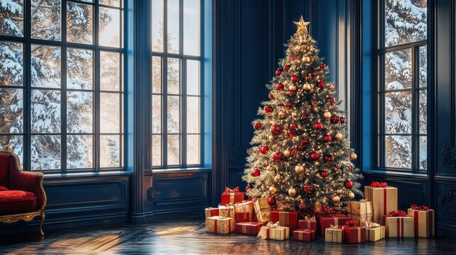 Luxurious Christmas tree in a dark blue room with snowy window view