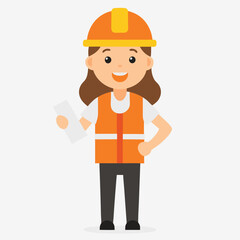 Smiling female construction worker wearing safety helmet and high visibility vest holding paper