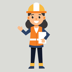 Smiling female construction worker holding documents wearing safety gear and construction helmet