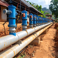 A row of blue valves and pipes runs along a red dirt path, hinting at resource delivery and rural infrastructure. Great for themes of industry, utilities, and global issues.