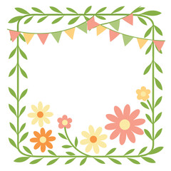 Fototapeta premium A decorative floral frame adorned with colorful flowers bunting and leafy vines