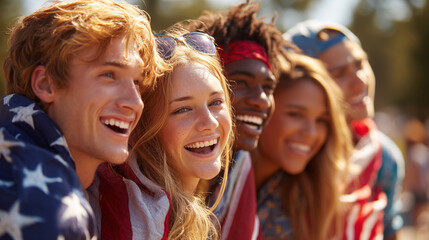 Diverse group of friends wrapped in a large American flag, laughing together in a park