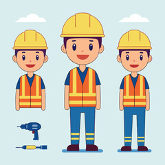 Vector illustration of cartoon construction workers with safety gear and tools