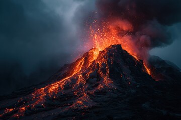 Dramatic volcanic eruption displaying molten lava and ash spewing into a dark sky at twilight