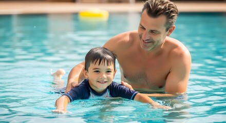 Father teaching son to swim in pool summer vacation family time water safety swimming lessons learn to swim