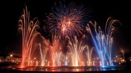 Fourth of July fireworks above a city plaza with dancing fountain streams lit in red, white, and blue. stock image, hd quality,