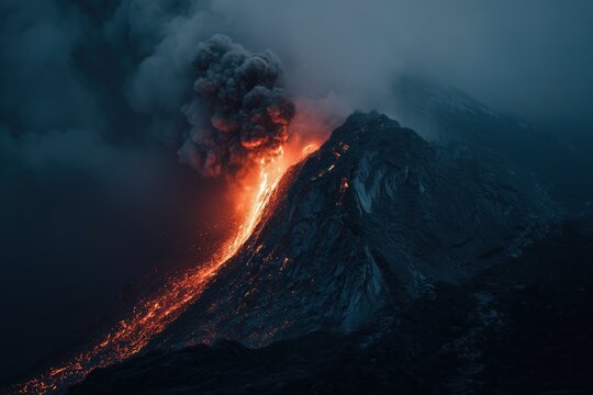 Dramatic volcanic eruption sends lava flowing down the mountainside during twilight hours