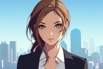 Anime Businesswoman with Blue Eyes in Cityscape Portrait