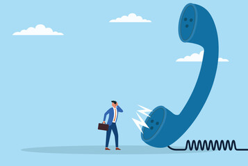 Vector illustration of a businessman trying to listen carefully in front of a large telephone, representing focused communication, active listening, and business connectivity