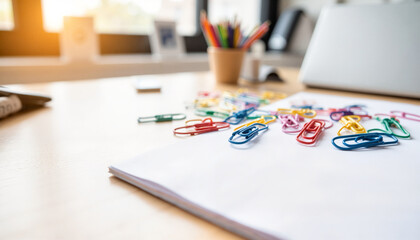 Colorful paper clips on white paper in modern office workspace  