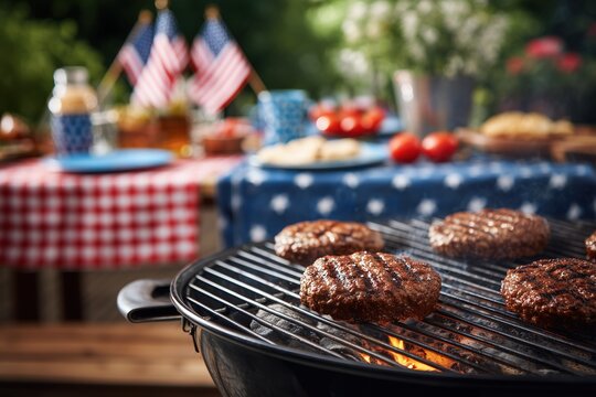 Celebrating Fourth of July with a festive barbecue featuring grilled hamburgers in a backyard setting