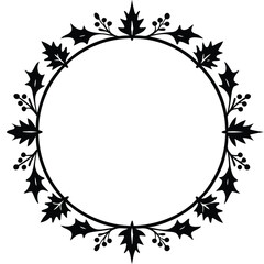 Elegant black and white christmas holly circle frame border design element isolated on white