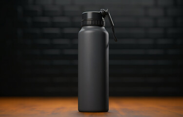 Black Insulated Sport Water Bottle Mockup on Wooden Surface with Dark Background