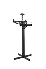 Black adjustable metal stand with holes and cross base, isolated on transparent back