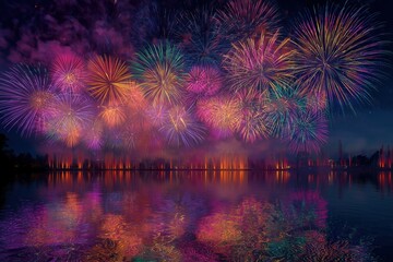 Fireworks light up the sky with vibrant colors over the lake during Fourth of July celebrations