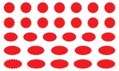 Starburst red sticker set - collection of special offer sale round and oval sunburst labels and buttons. Stickers and badges with star edges for promo advertising.