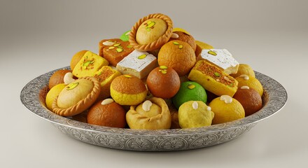 indian food Assorted Indian Sweets in Silver Thali: Festive Mithai Platter