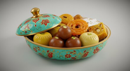 indian food Assorted Indian Sweets in Ornate Bowl: Festive Diwali Treats