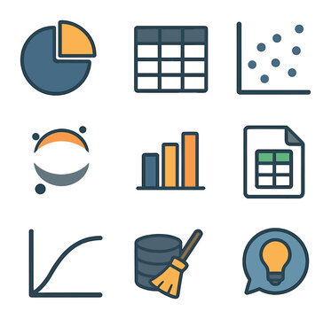 Data Science Icons. Flat icon set of data science blog graphics: pie chart, data frame table, scatter plot,