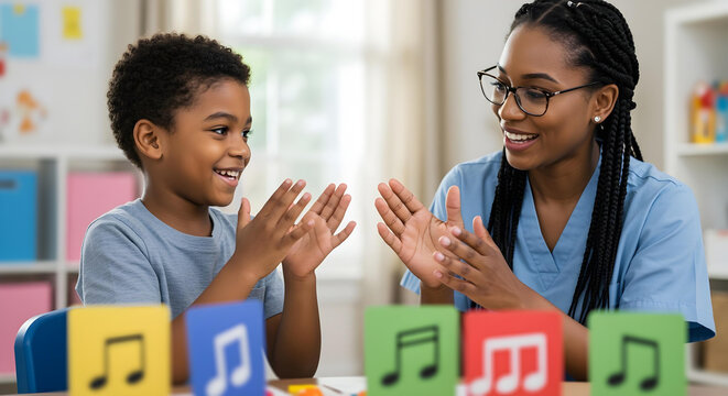 Autism, ADHD, Neurodiversity, Child, Therapy. Therapist and cheerful boy clap rhythm with colorful music cards during engaging music therapy session