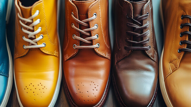 Close up of a stylish pair of leather shoes and sneakers in various colors and styles