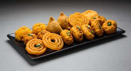indian food Assorted Indian Sweets and Savories Platter: Jalebi, Samosa, Kachori, and More