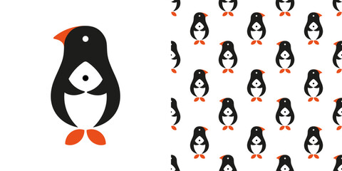 Cute design with cartoon penguin holding fish and seamless pattern on white background for print decor and branding