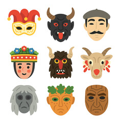 Obraz premium European Festival Masks. Flat icon set of European folk and festival masks: Venetian carnival mask, Krampus