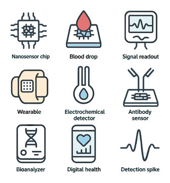 Nanomedicine Sensor Icons. Flat icon set of nanomedicine-enabled biosensors: nanosensor chip, blood drop on