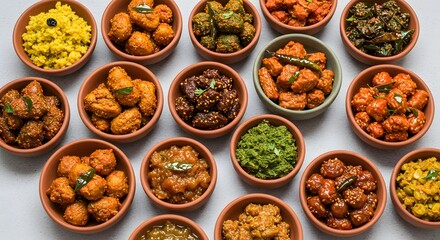 indian food Assorted Indian Pickles and Snacks in Terracotta Bowls
