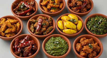indian food Assorted Indian Pickles and Chutneys in Terracotta Bowls