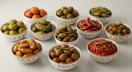 indian food Assorted Indian Pickles and Condiments in Decorative Bowls