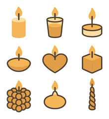 Decorative Candle Icons. Flat icon set of decorative candle designs: floral embedded wax, gemstone candle,
