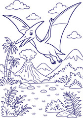 Flying pterodactyl over prehistoric volcano landscape outline