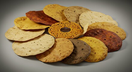 indian food Assorted Indian Flatbreads and Snacks: Papadum, Khakhra, and Jalebi