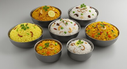 indian food Assorted Delicious Indian Rice Dishes in Bowls