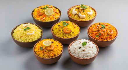 indian food Assorted Delicious Indian Biryani Bowls: Vibrant Food Photography