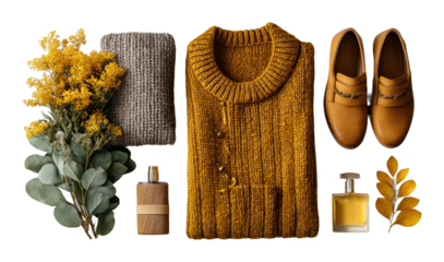 Cozy autumn fashion flat lay home apparel showcase warm environment aesthetic viewpoint cut out png